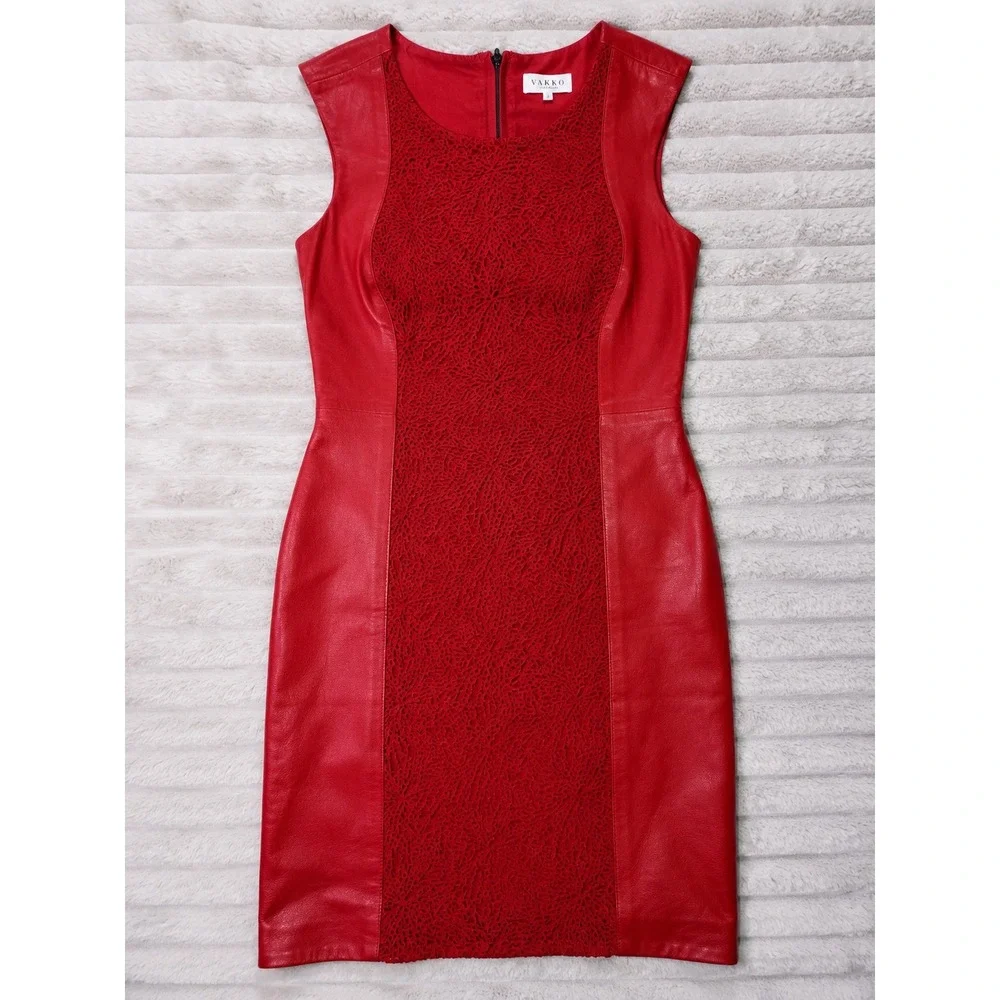 Vakko Women's 2 Red Leather Laser Cut Lace Front Sheath Dress Sleeveless 90s